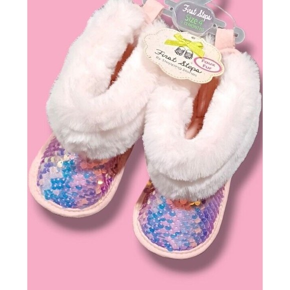 First Steps Sequin Toddler Size 4 Baby Girl Fluffy Faux Fur Shiny Slipper Boots - Picture 16 of 16